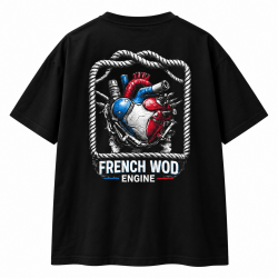 Vue arrière du t-shirt French Wod Engine avec cœur mécanique tricolore.